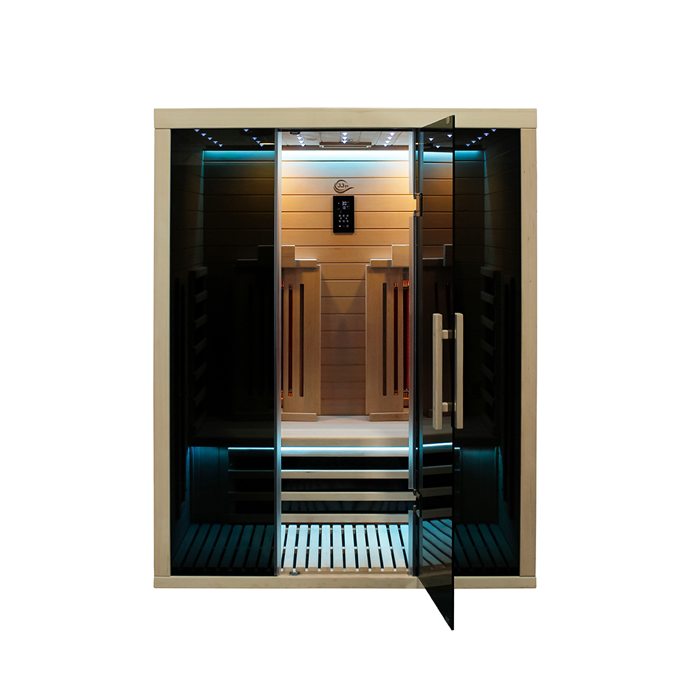 Infrardeča savna jip150 s črnimi stekli in odprtimi vrati.