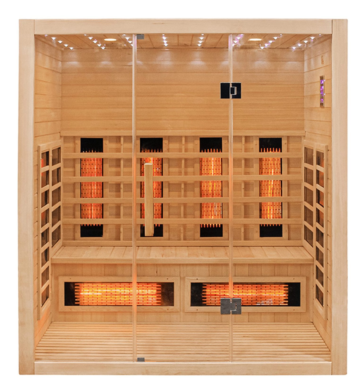 Infrardeča savna za štiri osebe JI180 s prižganimi grelci.