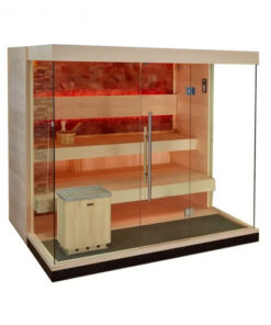 Sauna JBZ200 with a wall of salt bricks, pictured from the side.