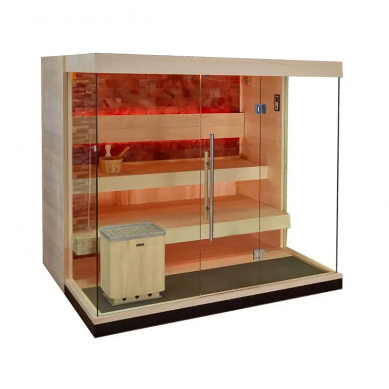 Sauna JBZ200 with a wall of salt bricks, pictured from the side.