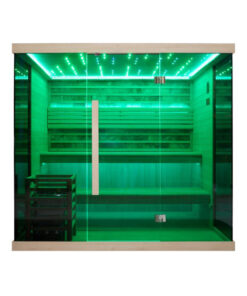 JBZ220 Bio zeliscna solna savna s črnimi stekli in prižganimi zelenimi lučmi.