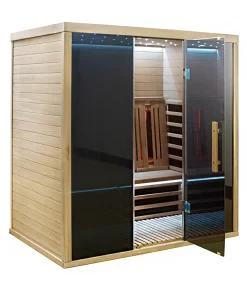 Sauna JIP180 with black glasses, pictured from the side with the door open.