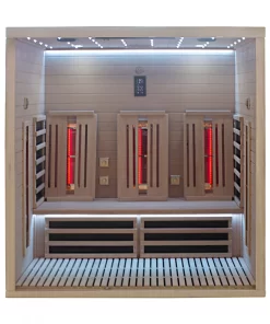 Sauna JIP180 with heaters and lights on, no front side.