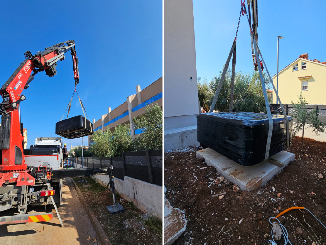 V folijo zavit masažni bazen, ki ga raztorvarja dvigalo.