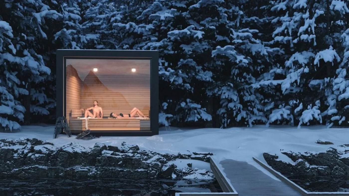 Modern outdoor sauna in winter.