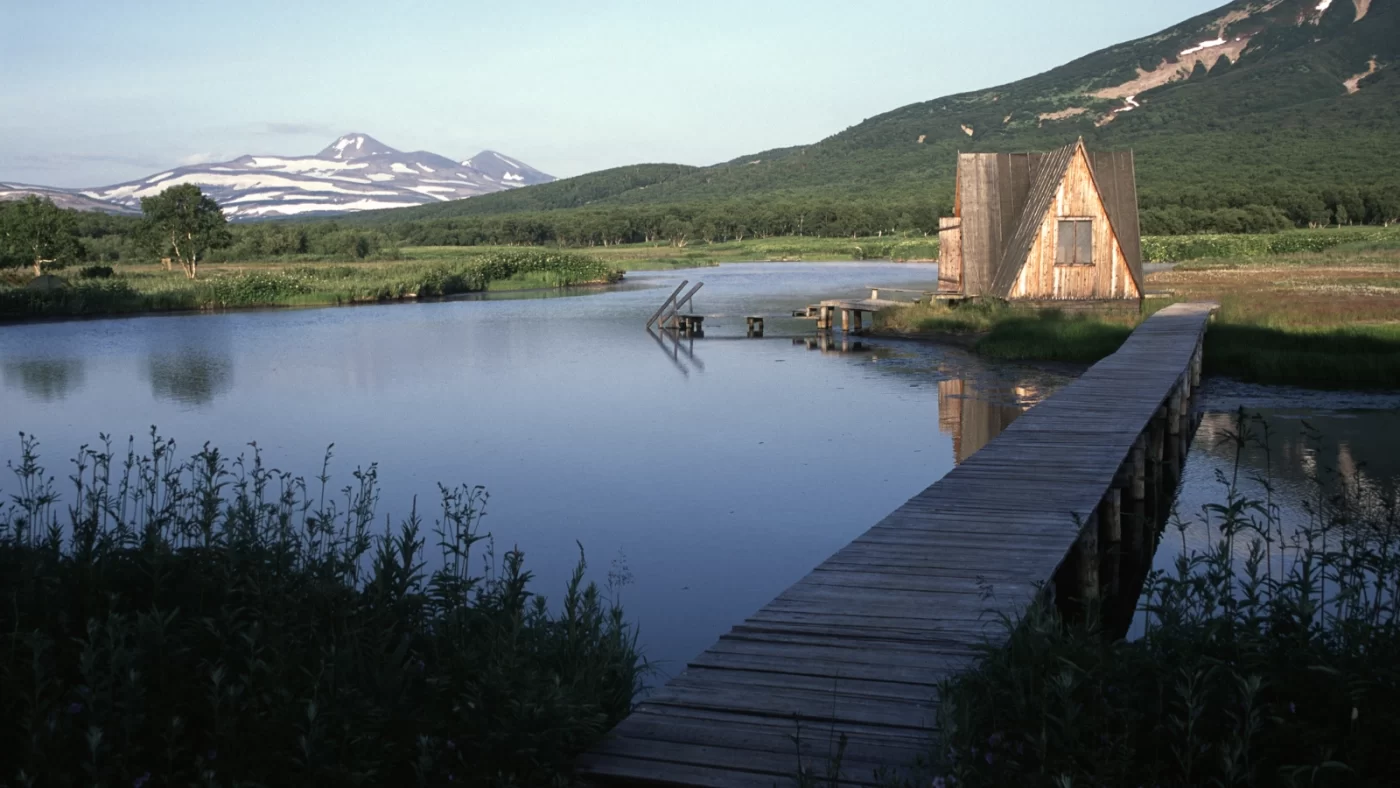 Outdoor sauna by the lake.